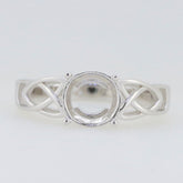 Sterling Silver semi mount ring setting featuring round 8x8 stone and infinity Celtic knot design on cross shank.